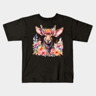 A moose decorated with beautiful watercolor flowers Kids T-Shirt